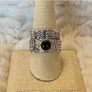 Boho Silver Spinner Ring Black Cabochon Wide Band Size 10